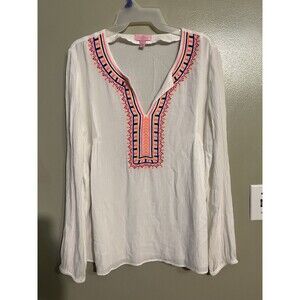 Lilly Pulitzer Womens Embroidered Tunic V Neck Top White Pink S